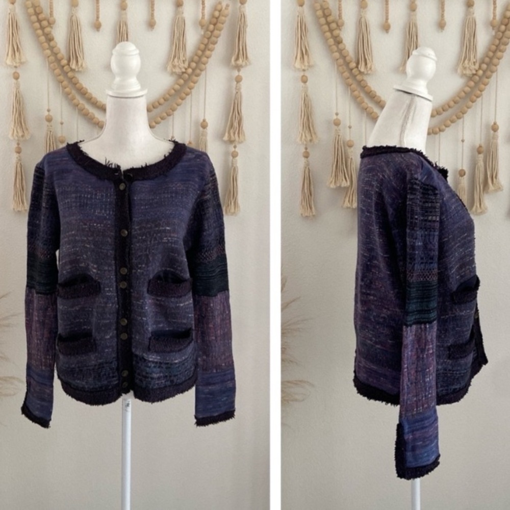 Free People knit sweater cardigan button jacket Audrey Hepburn purple blue